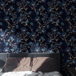 Navy Blue Watercolor Floral Wallpaper, Dark floral Wallpaper,Peel&Stick and Traditional Wallpaper,  Dark botanical Design, Self Adhesive.