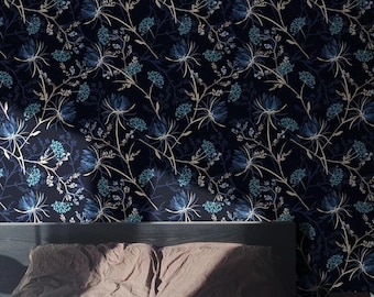 Navy Blue Floral Wallpaper: Dark Botanical Peel and Stick