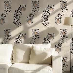 Carta da parati con tigre, carta da parati con animali del safari, carta da parati murale con tema giungla, decorazione murale con animali selvatici neutri, sfondo neutro