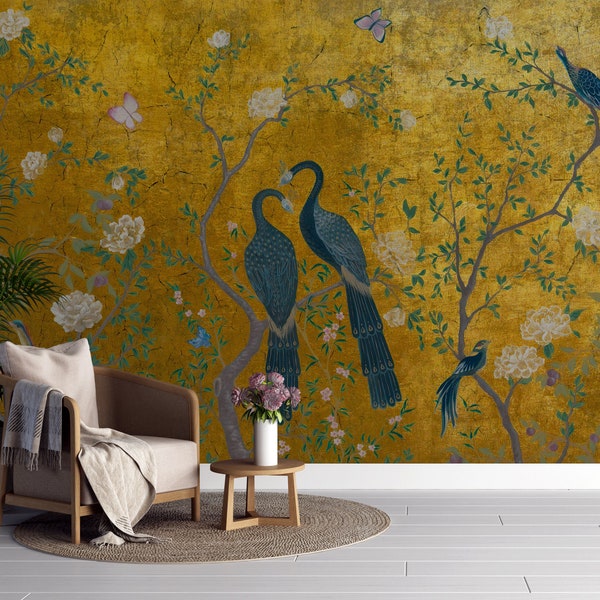 Chinoiserie bloem, kraanvogels, Peacock muur muurschildering - Vintage Chinoiserie behang, behang, peel en stick, zelfklevend behang