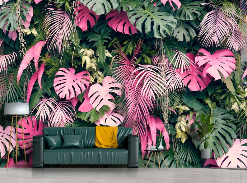 Tropical wall mural with monstera leaves/ peel and stick wallpaper vinyl wallpaper wallpaper room image 1