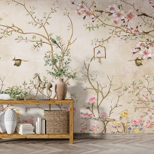 Vintage Chinoiserie Wallpaper with Birds floral ancient Wallpaper, non-woven wallpaper, peel and stick wallpaper