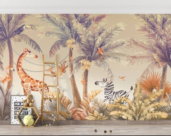 3d wallpaper safari kids giraffe zebra palm trees  /3d wallpaper design peel and stick wallpaper vinyl wallpaper wallpaper room