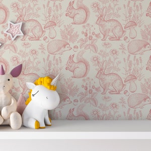 Pink Woodland Nursery Wallpaper, Removable, Fox and Rabbit Wallpaper, nursery wallpaper kids wallpaper, peel and stick wallpaper