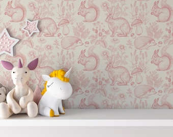 Pink Woodland Nursery Wallpaper, Removable, Fox and Rabbit Wallpaper, nursery wallpaper kids wallpaper, peel and stick wallpaper