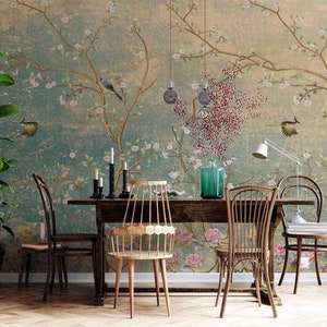 Vintage Chinoiserie Tapete mit Vögeln alte geblümte Tapete, Vliestapete, Abzieh- und Klebetapete
