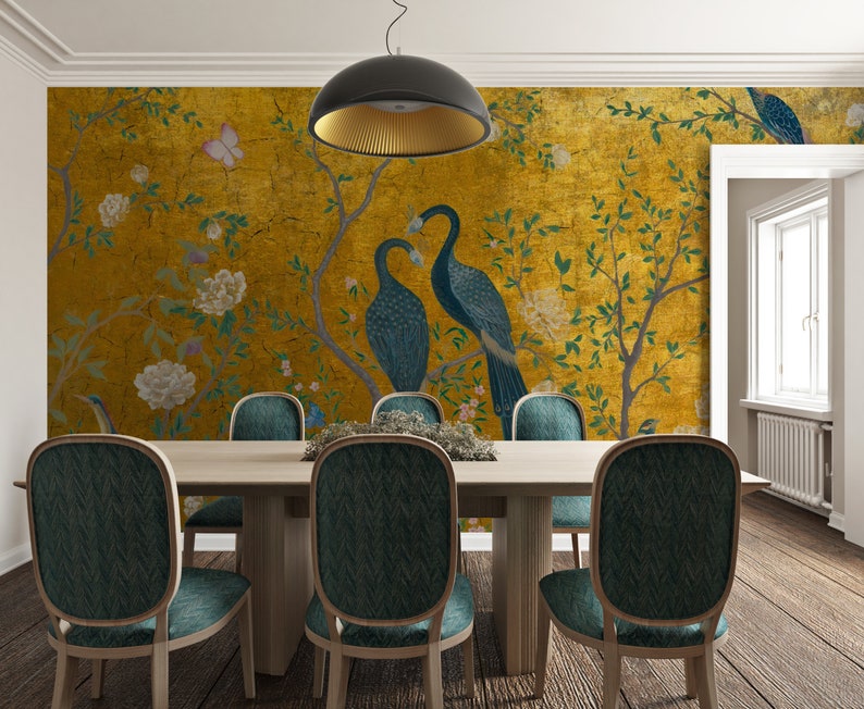 Chinoiserie Flower, Crane Birds, Peacock Wall Mural Vintage Chinoiserie Wallpaper, wallpaper, peel and stick, self adhesive wallpaper image 3