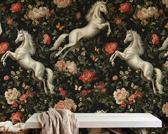Unicorn Floral Wallpaper: Vintage Roses, Butterflies, Enchanted Forest