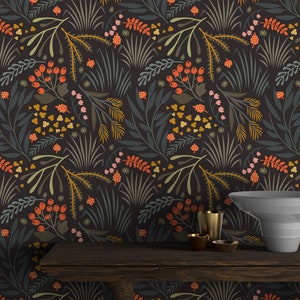 Dark floral wallpaper leaves and herbs /Peel and stick, removable wallpaper, vinyl wallpaper wallpaper room