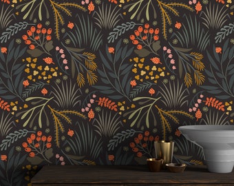 Dark Floral Peel and Stick Wallpaper: Leaves & Herbs, Removable Vinyl