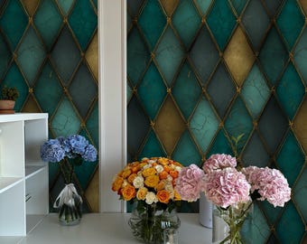 Art Deco Diamond Wallpaper, Teal & Gold Harlequin Pattern, Luxury Peel and Stick
