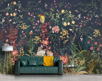 Vintage Chinoiserie Wallpaper: Birds & Flowers, Dark Background (Peel-and-Stick)