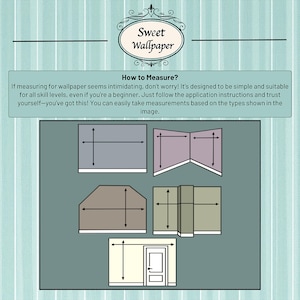 May include: An informational graphic from "Sweet Wallpaper" on how to measure for wallpaper. The image shows diagrams of different wall shapes with arrows indicating measurement points. Text explains the process is simple.