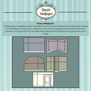 May include: Diagram showing how to measure for wallpaper. The diagram shows four different wall configurations with measurements marked for each.  "How to Measure?" is written at the top of the diagram.