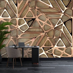 3D Golden Lattice Tiles On Wood Oak Background Digital Printing Wallpaper For Home / peel and stick wallpaper vinyl wallpaper wallpaper room