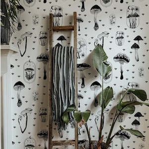 Mushroom Wallpaper, Black&White Mushroom Wallpaper, Removable Traditional Wallpaper, peel and stick wallpaper, vinyl wallpaper