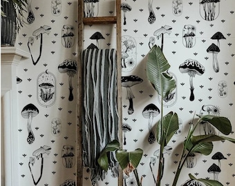 Black & White Mushroom Wallpaper - Botanical Peel and Stick Wallpaper