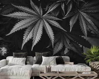 Black and White Marijuana Leaf Wallpaper, Peel and Stick