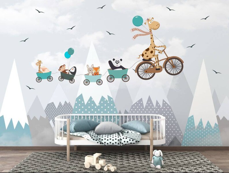 Animals With Bikes Kids Wallpaper Nursery Wallpaper/ Peel and - Etsy