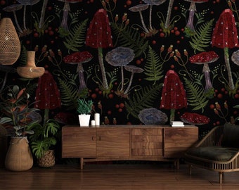 Mushroom Wallpaper: Dark Autumn Forest Peel and Stick Vinyl