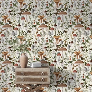 Mushroom Wallpaper, Vintage Wallpaper, White Mushroom, Woodland, Botanical Wallpaper / peel and stick, wallpaper vinyl wallpaper image 4