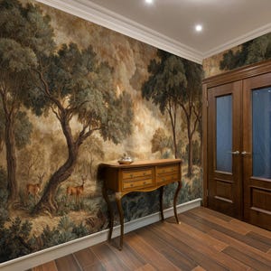 Vintage Forest Wallpaper Mural: Deer, Trees, Rustic Scenic Peel and Stick