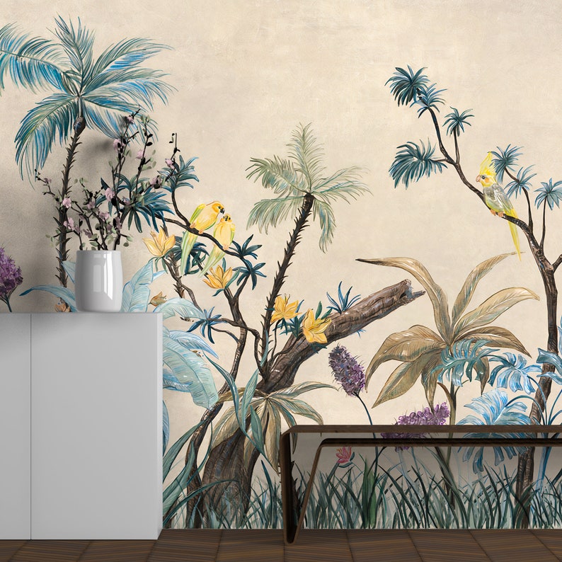 Exotic Jungle Wallpaper: Tropical Plants & Birds, Peel and Stick - Etsy
