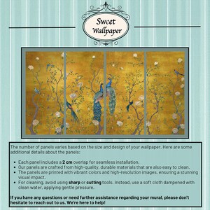 May include: A wallpaper mural featuring a gold background with a delicate floral pattern and peacocks. The text "Sweet Wallpaper" is at the top of the image. The text below the image describes the wallpaper panels, including the size, material, and cleaning instructions.