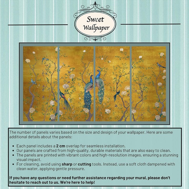 May include: A wallpaper mural featuring a gold background with a delicate floral pattern and peacocks. The text "Sweet Wallpaper" is at the top of the image. The text below the image describes the wallpaper panels, including the size, material, and cleaning instructions.