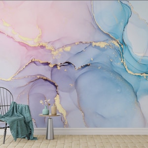 Marmor gemusterte Tinten-Technik rosa und blaue Farben-Tapete 3D Digitaldruck / selbstklebende Tapete zum Abziehen und Aufkleben Vinyl-Tapete