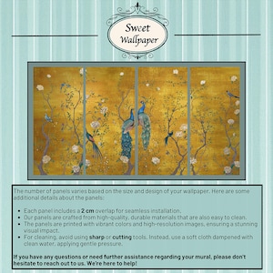 May include: Sweet Wallpaper featuring a golden mural with peacocks, birds, and floral elements. The artwork is divided into panels, creating a decorative wall covering. The text "Sweet Wallpaper" is displayed at the top.