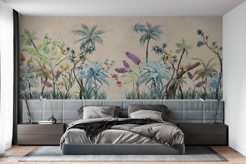 Exotic Jungle Wallpaper: Tropical Plants & Birds, Peel and Stick - Etsy