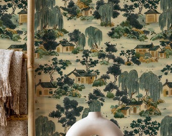 Mural de papel pintado de jardín japonés: arte mural de paisaje asiático autoadhesivo