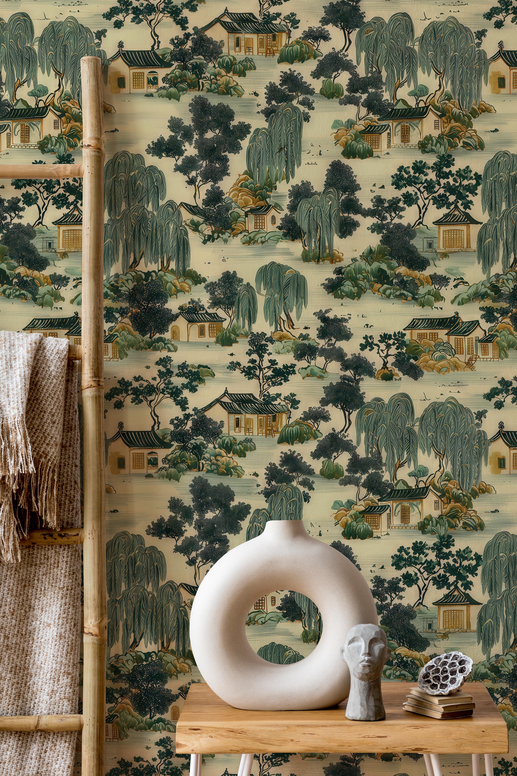 Japanese Garden Wallpaper Mural, Removable, Peel and Adhesive Wall Decor, Self Adhesive Traditional Asian Landscape Wall Art,Wallpaper