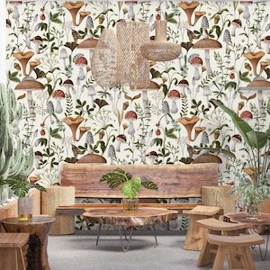 Mushroom Wallpaper, Vintage Wallpaper, White Mushroom, Woodland, Botanical Wallpaper / peel and stick, wallpaper vinyl wallpaper image 2