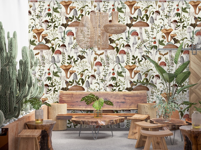 Mushroom Wallpaper, Vintage Wallpaper, White Mushroom, Woodland, Botanical Wallpaper / peel and stick, wallpaper vinyl wallpaper image 2