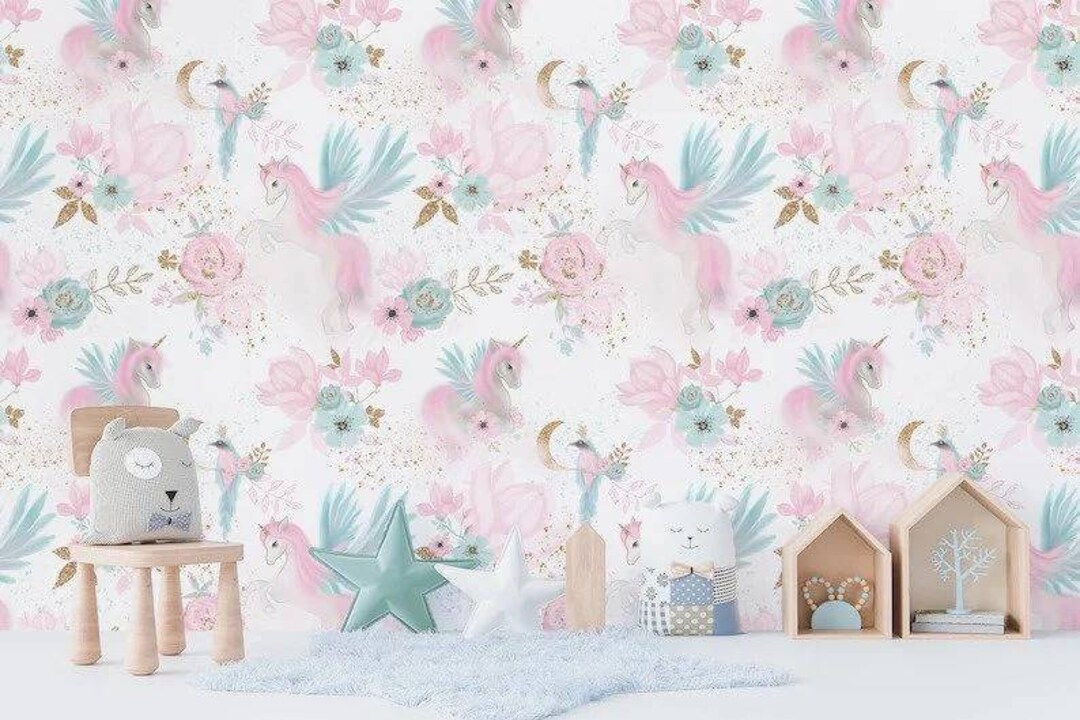 Beautiful White and Pink Wallpaper for Girls With Unicorns and Roses