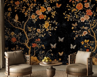 Black Chinoiserie Wallpaper: Golden Blossom & Butterfly Wall Mural