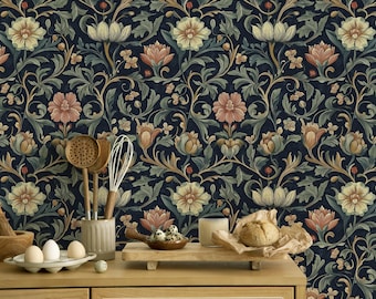 William Morris Wallpaper: Green Foliage Floral Mural - Peel and Stick