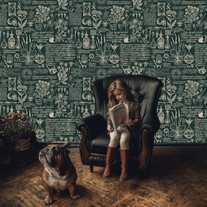 Grüne und beige Medizin und Kräuterthema Tapete, Wandbild im Retro-Stil | selbstklebend, wiederablösbar, schälen und aufkleben
