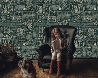 Green and beige medicine and herbal theme wallpaper, retro style mural | self-adhesive, removable, peel and stick