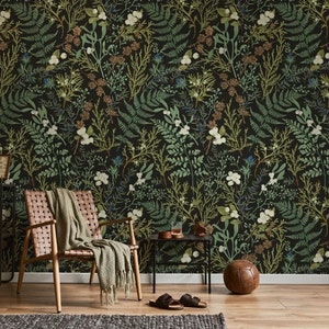 Fern Botanical Wallpaper, Botanical, Vintage Dark, Peel and Stick Wallpaper Vintage, Botanical Wallpaper, Magical Forest Wallpaper image 4