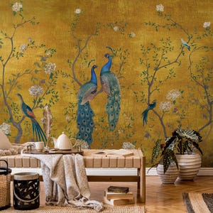 Chinoiserie Blumen, Kranich Vögel, Pfau Wandbild - Vintage Chinoiserie Tapete, Tapete, schälen und aufkleben, selbstklebende Tapete