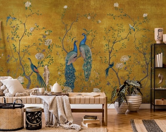 Vintage Chinoiserie Wallpaper Mural: Crane, Peacock, Flower - Peel and Stick