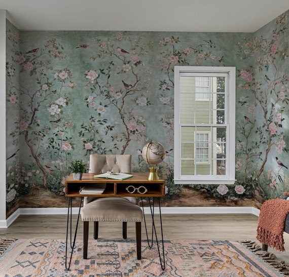 Green Chinoiserie Wallpaper: Bird and Floral Peel & Stick Mural