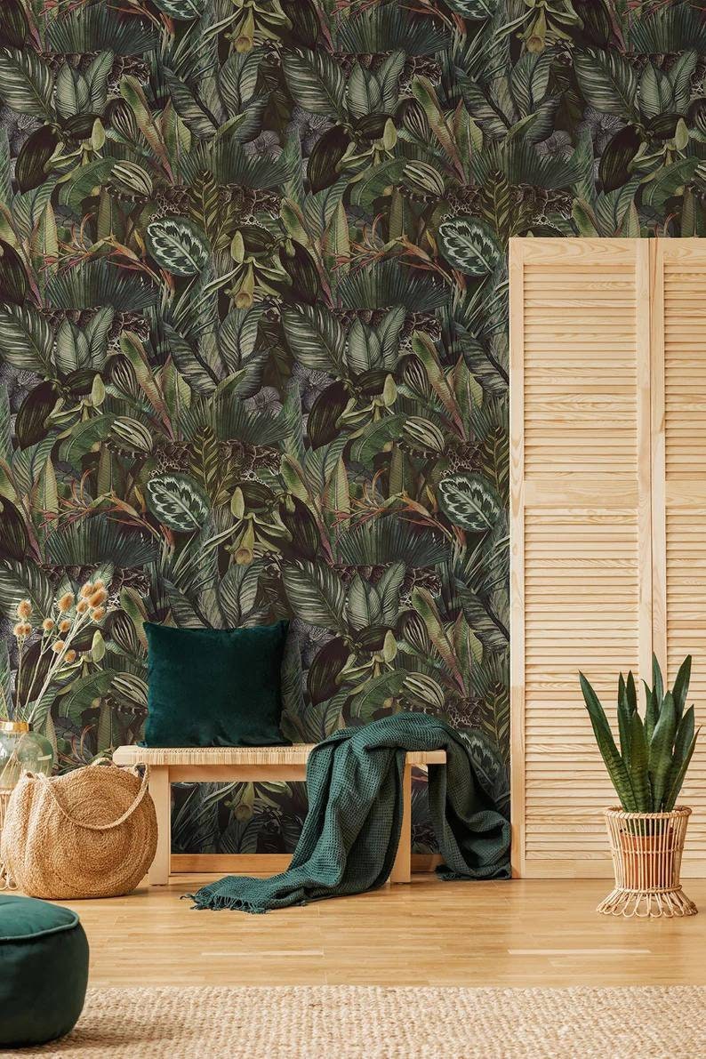 Dark Tropical Vintage Wallpaper With Exotic Leaves Jungle - Etsy