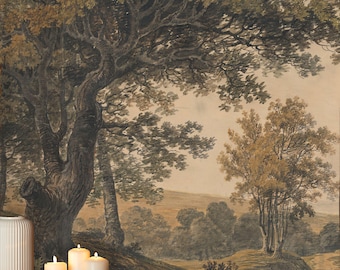 Mural de paisaje vintage: papel pintado autoadhesivo con escena rural