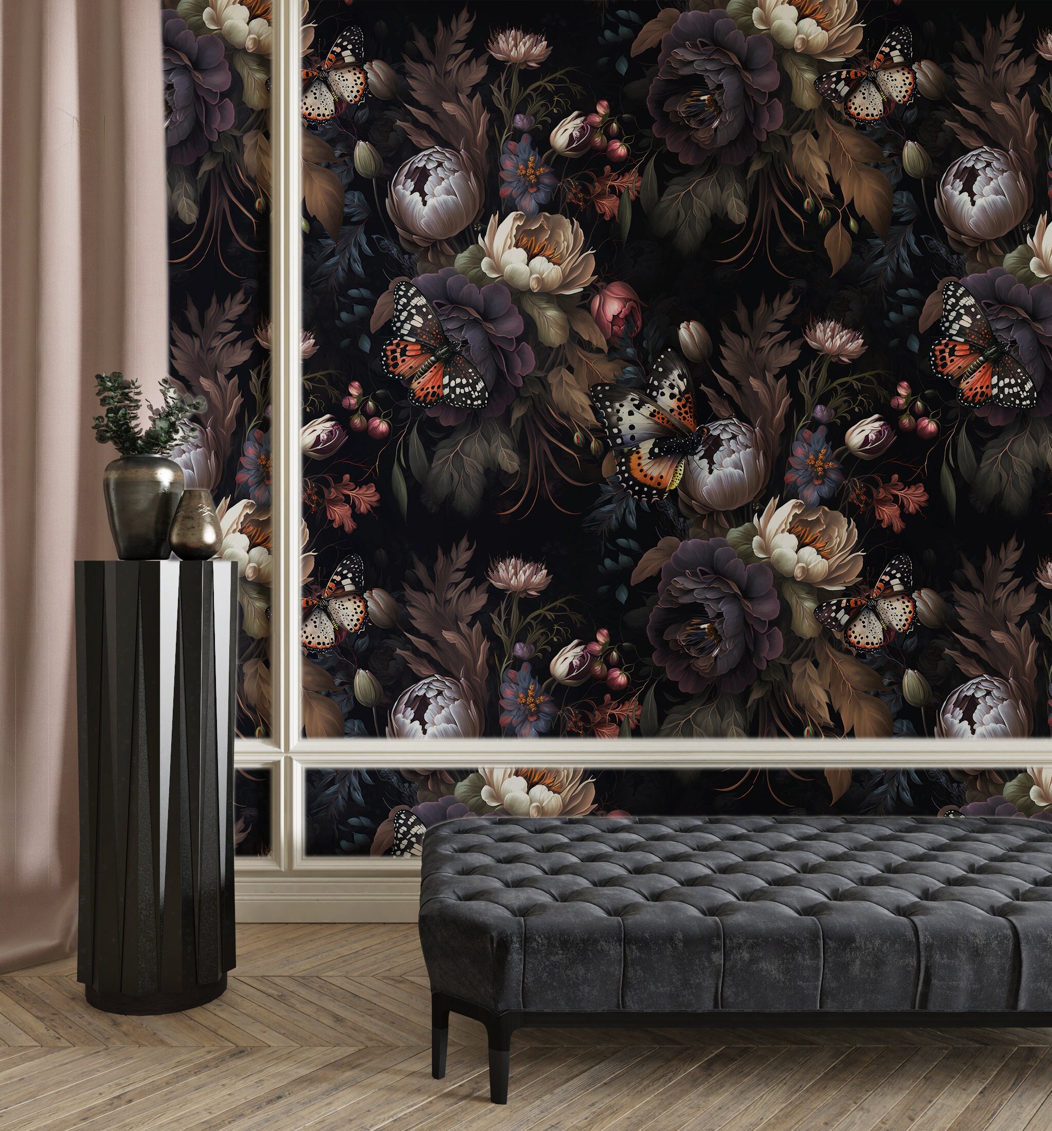 Dark Peony Floral Wallpaper: Butterfly Botanical Peel and Stick - Etsy