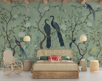 Chinoiserie Flower, Crane Birds, Peacock Wall Mural - Vintage Chinoiserie Wallpaper, wallpaper, peel and stick, self adhesive wallpaper