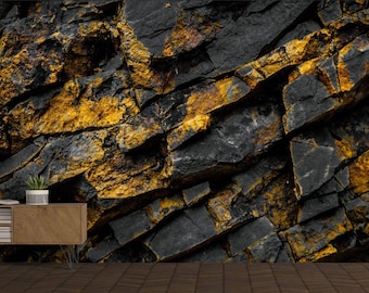 Stone black rock background with gold colored rocks Digital Print Wallpaper/peel and paste wallpaper vinyl wallpaper wallpaper room